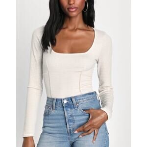 Lulus Impressively Effortless Cream Smocked Long Sleeve Top sz S